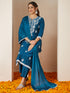 Janasya Women's Teal Blue Silk Blend Embroidered Straight Kurta Set